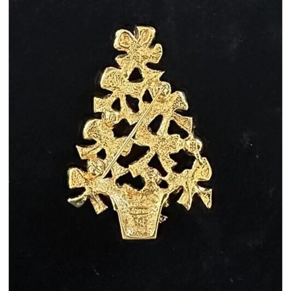 Vintage AVON  Gold Tone-Bows‎ Aurora Borealis Christmas Tree Brooch  1992
